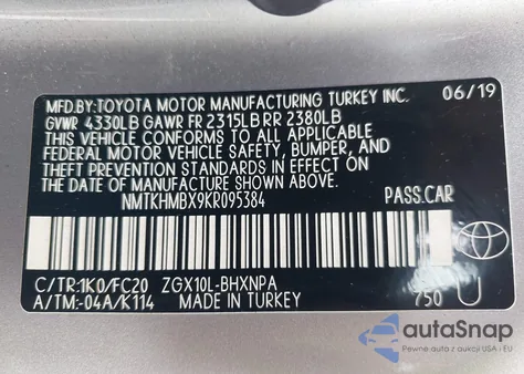 2019 Toyota C-Hr Le z USA, uszkodzony, nr VIN NMTKHMBX9KR095384